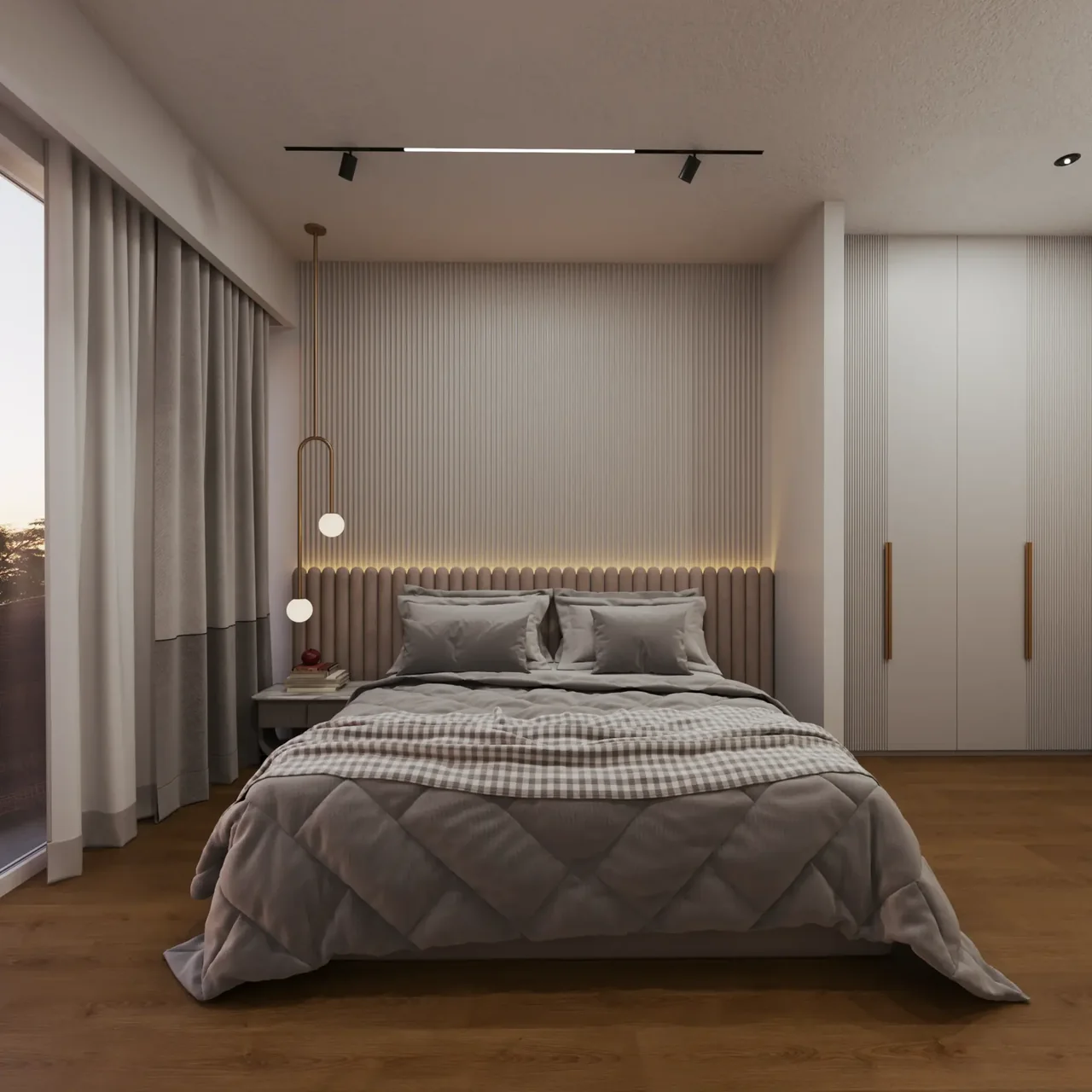 Uptown Muscat bedroom with floor-to-ceiling windows and fitted wardrobes