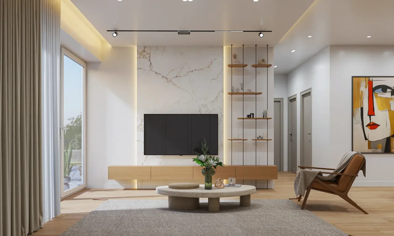 Contemporary Uptown Muscat living room with marble feature wall