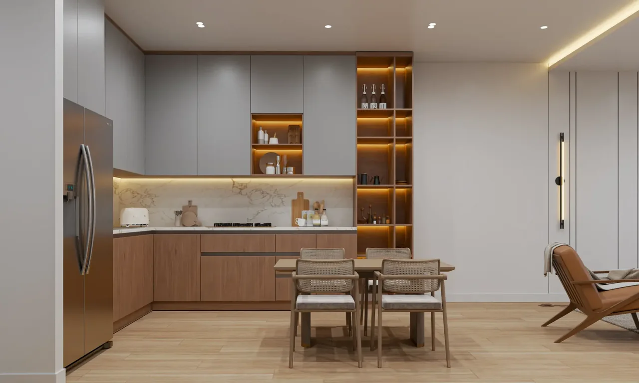 Uptown Muscat apartment kitchen and dining area in warm wood finishes