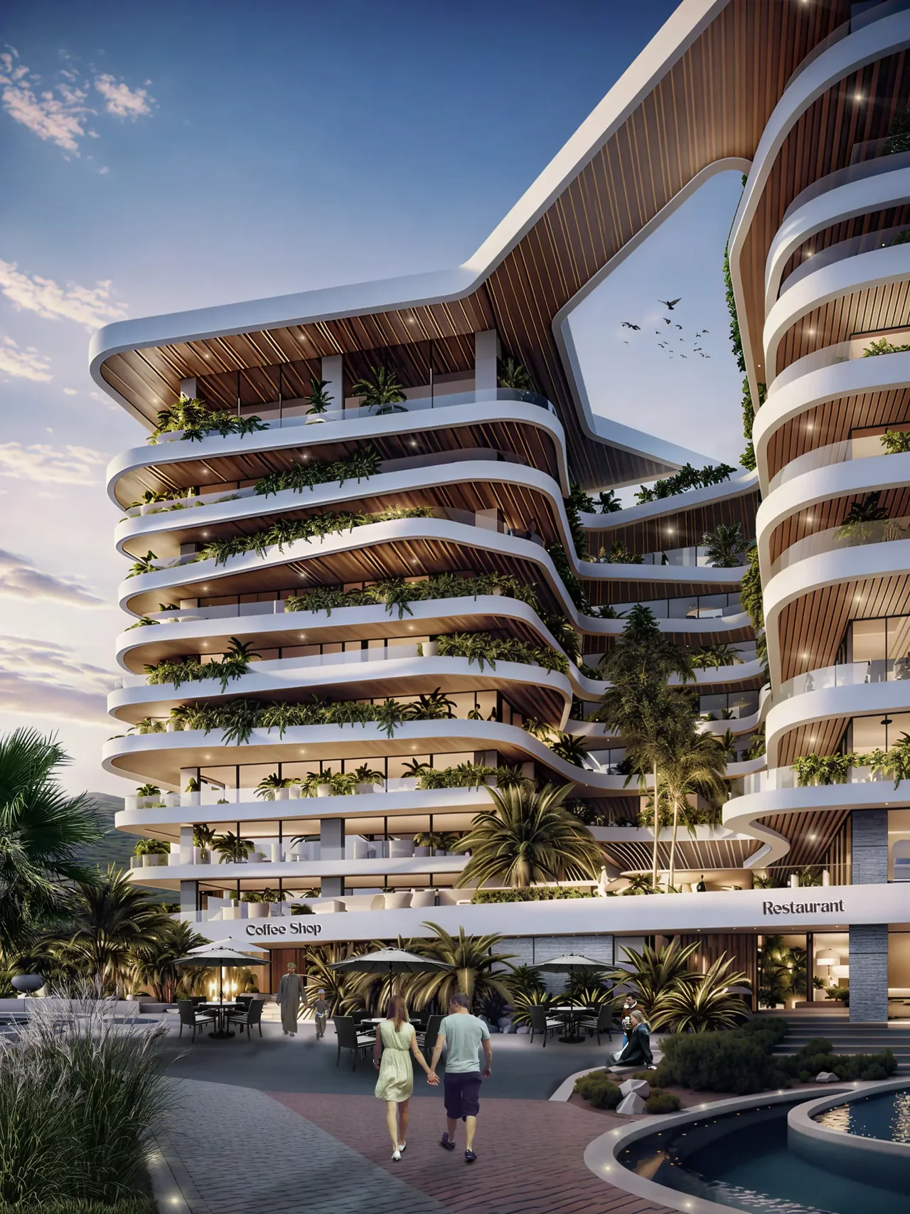 Green balconies and cafe terraces in the Uptown Muscat courtyard
