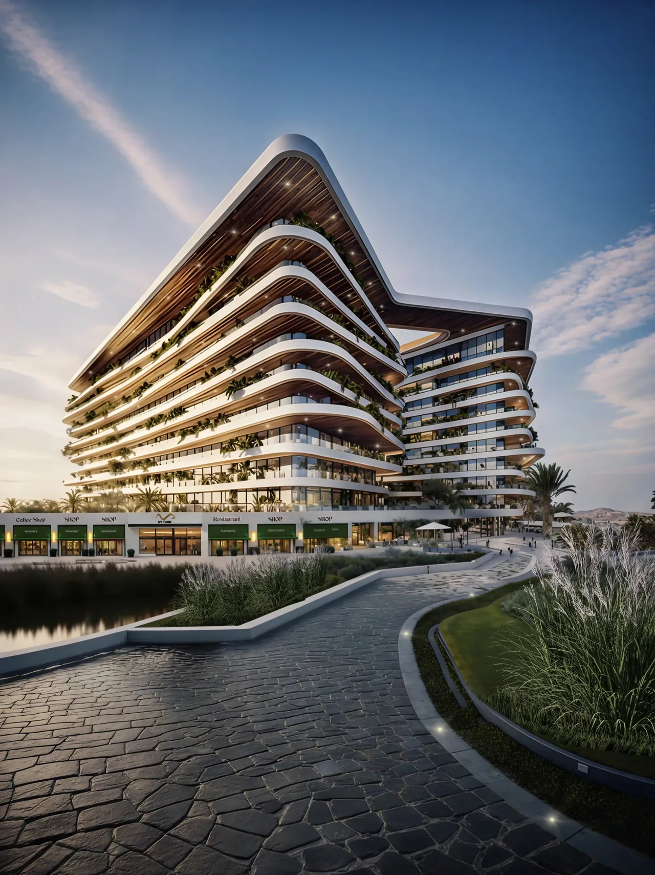 Garden walkway beneath curved residential balconies at Uptown Muscat