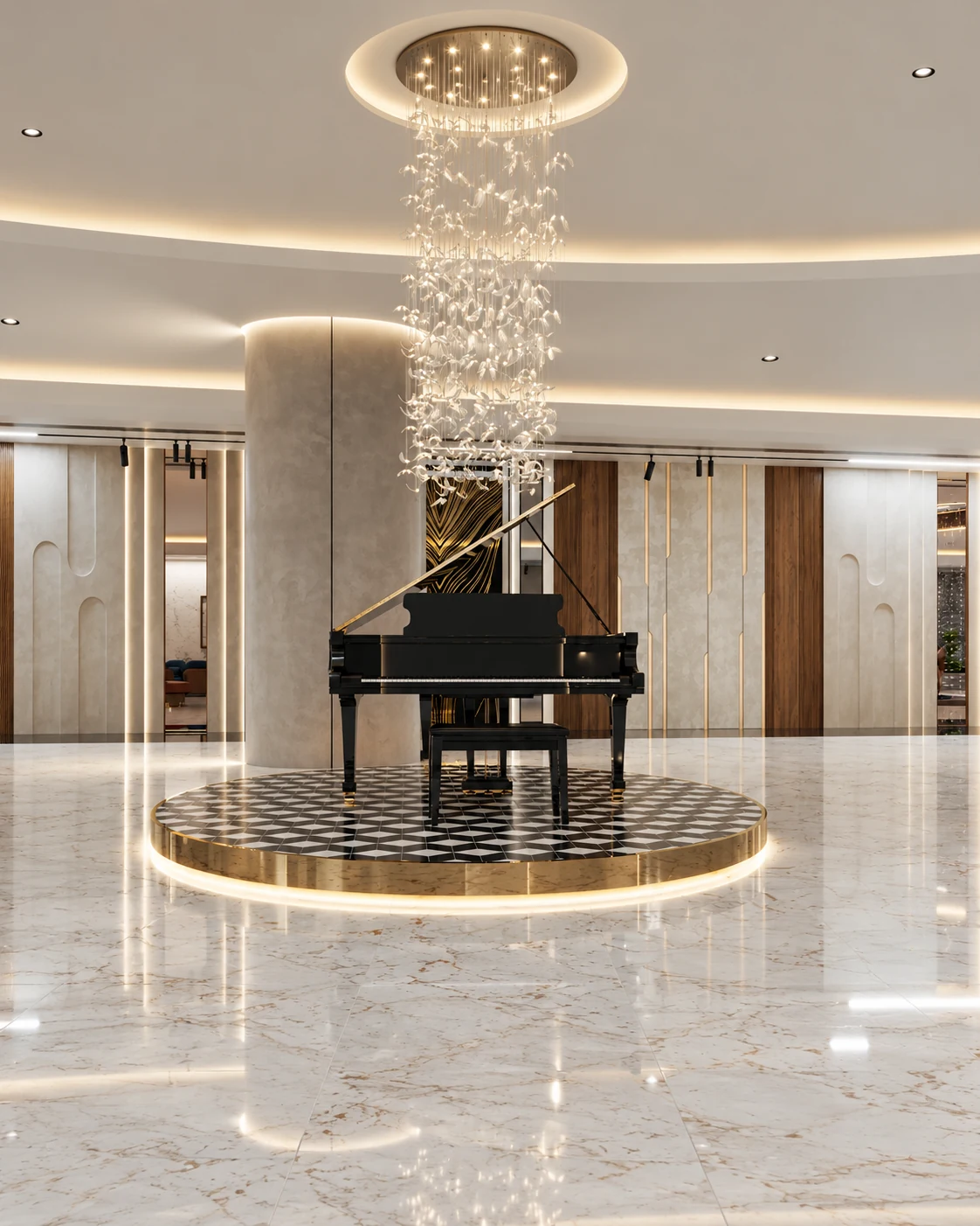 Grand piano in the Uptown Muscat residents lounge — AI-enhanced architectural illustration