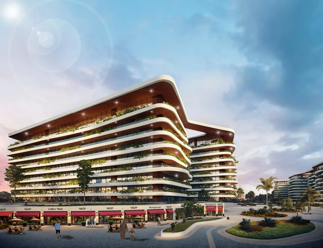 Landscaped boulevard and contemporary apartments at Uptown Muscat