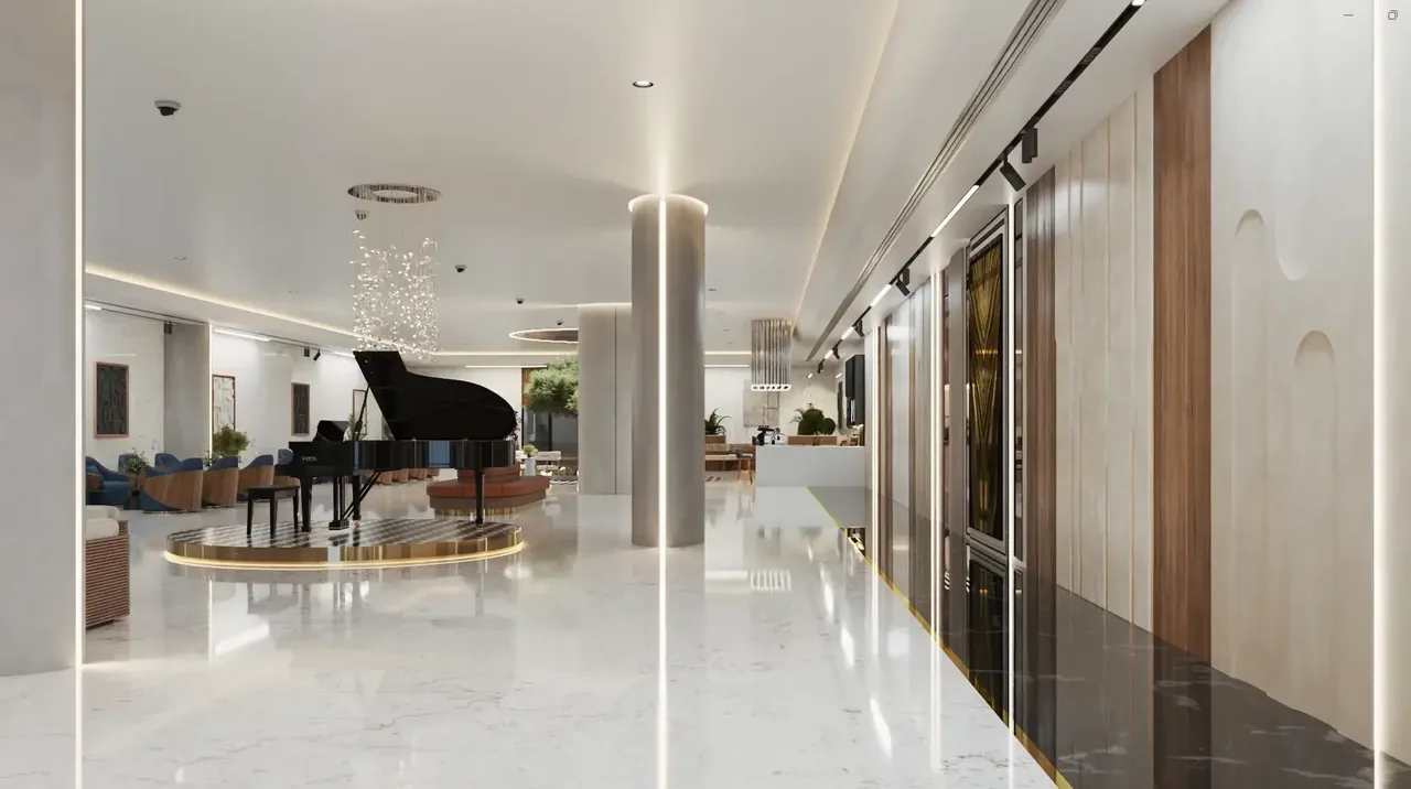 Uptown Muscat lobby with grand piano and marble flooring