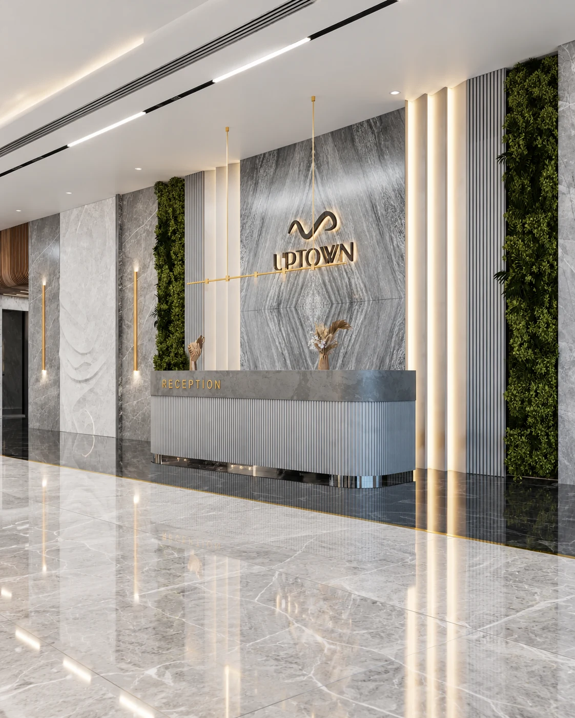 Uptown Muscat reception with branded stone wall and vertical greenery — AI-enhanced architectural illustration