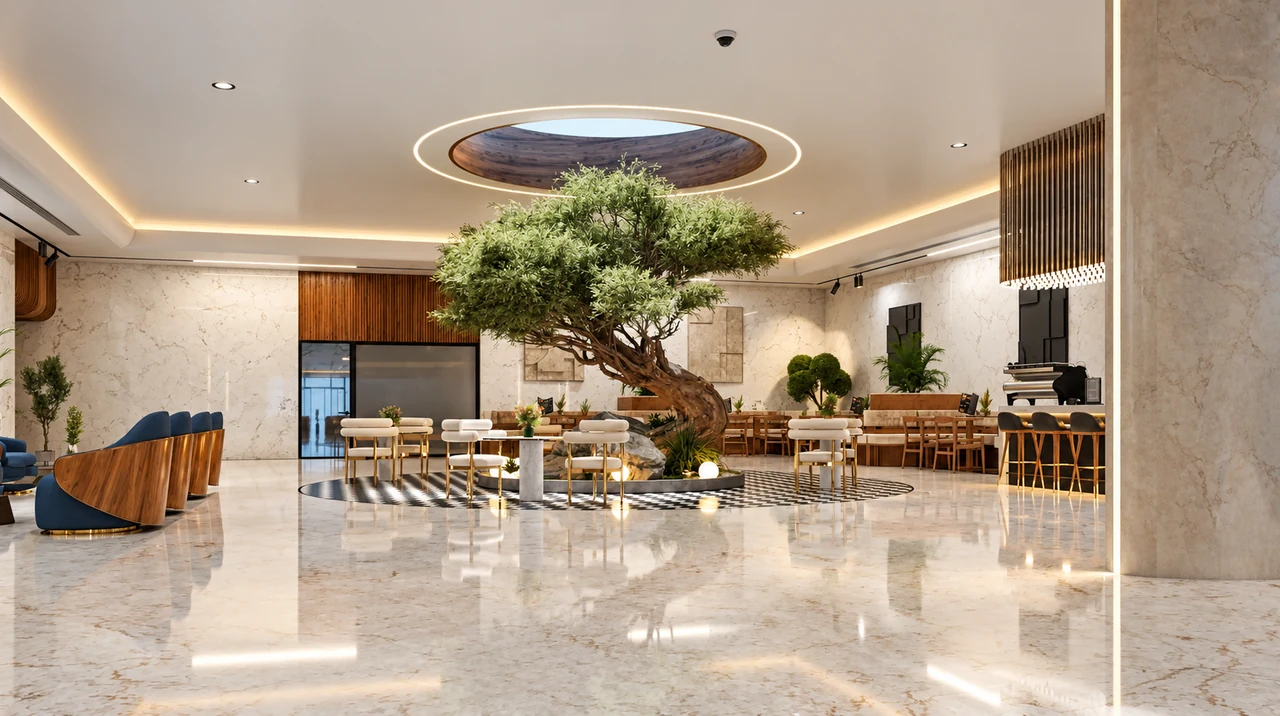 Uptown Muscat residents lounge with indoor tree and cafe seating — AI-enhanced architectural illustration